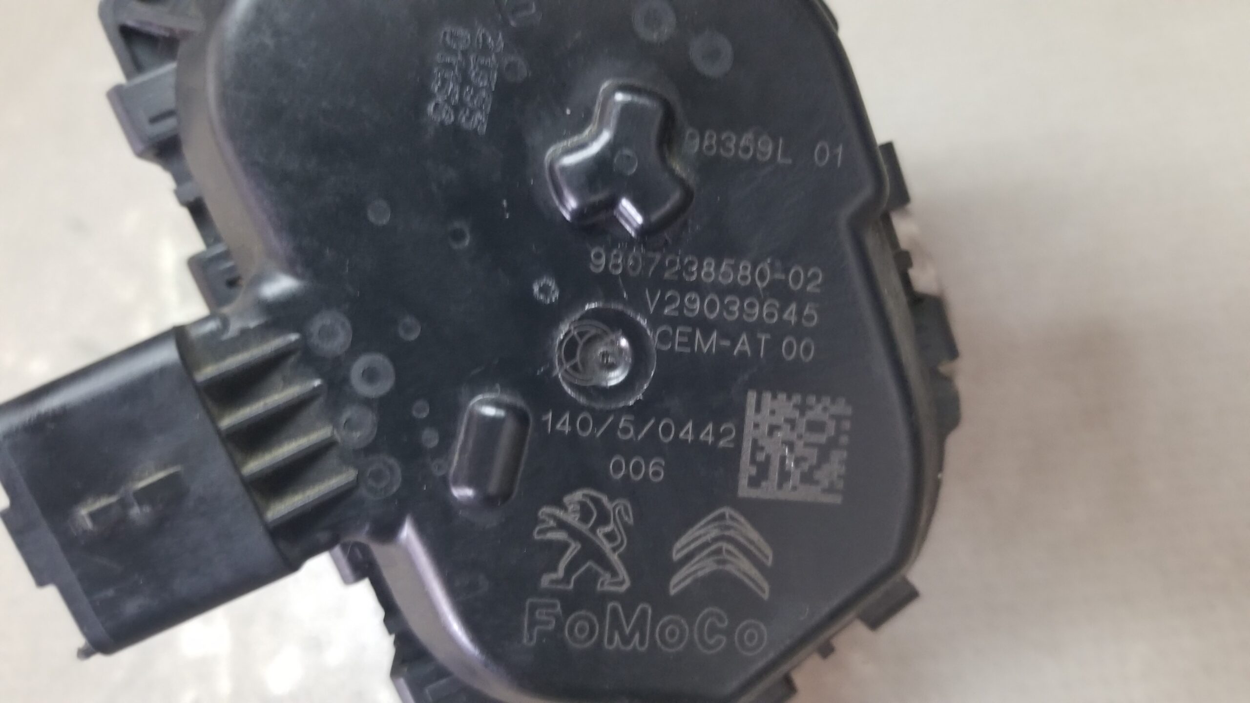 Close-up of part number on Citroën throttle body 9807238580