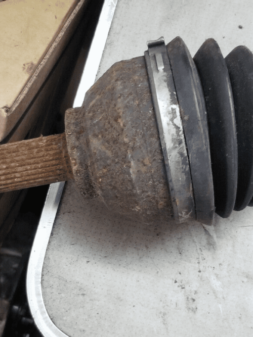 Close-up of Renault Trafic driver side driveshaft showing CV joint