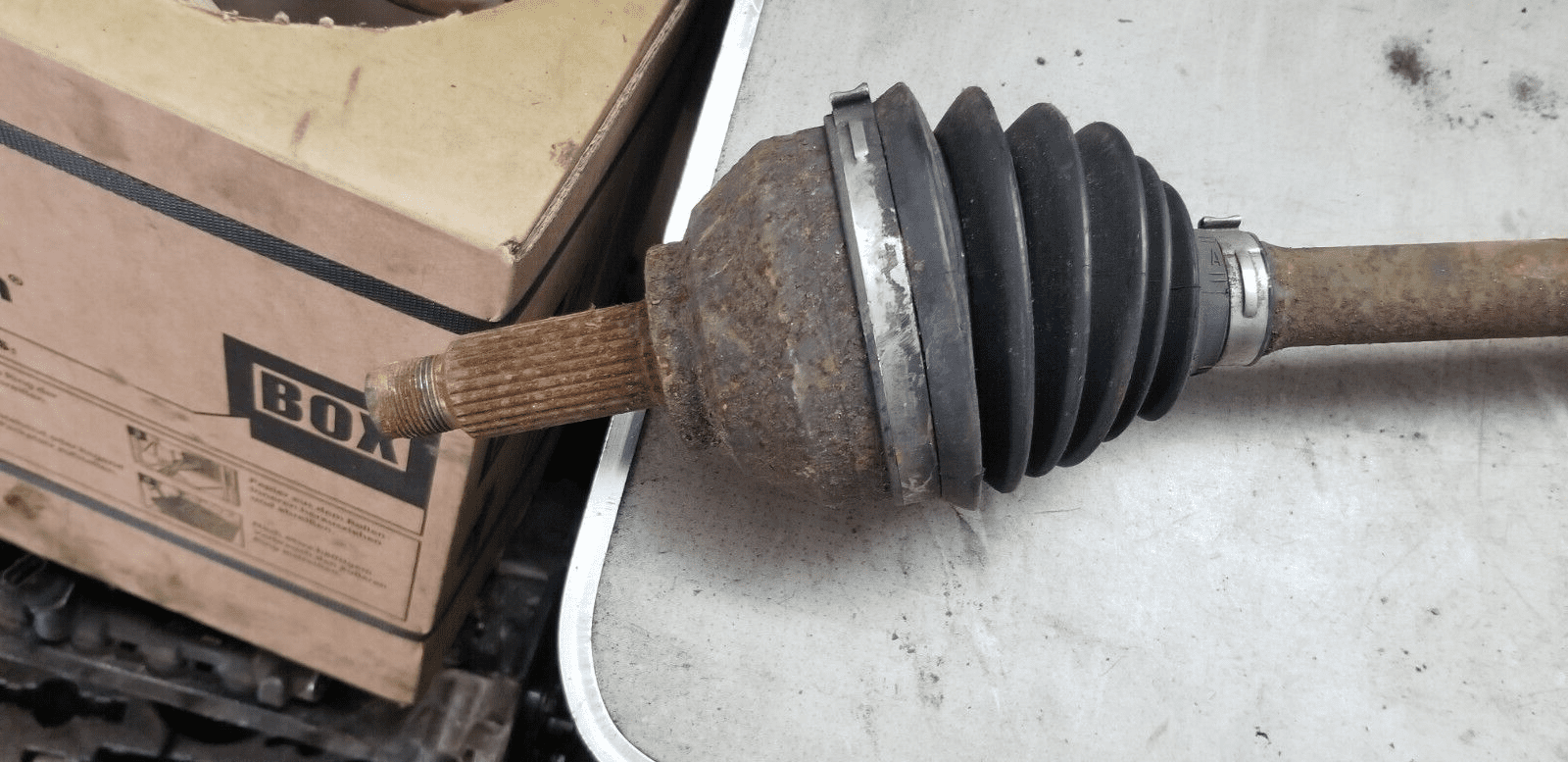 Close-up of Renault Trafic driver side driveshaft showing CV joint