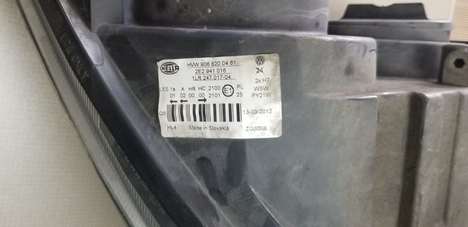 Close-up of VW Crafter headlight part number