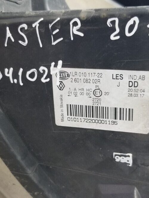 Label and part number close-up on Vauxhall Movano 2016 RH headlight