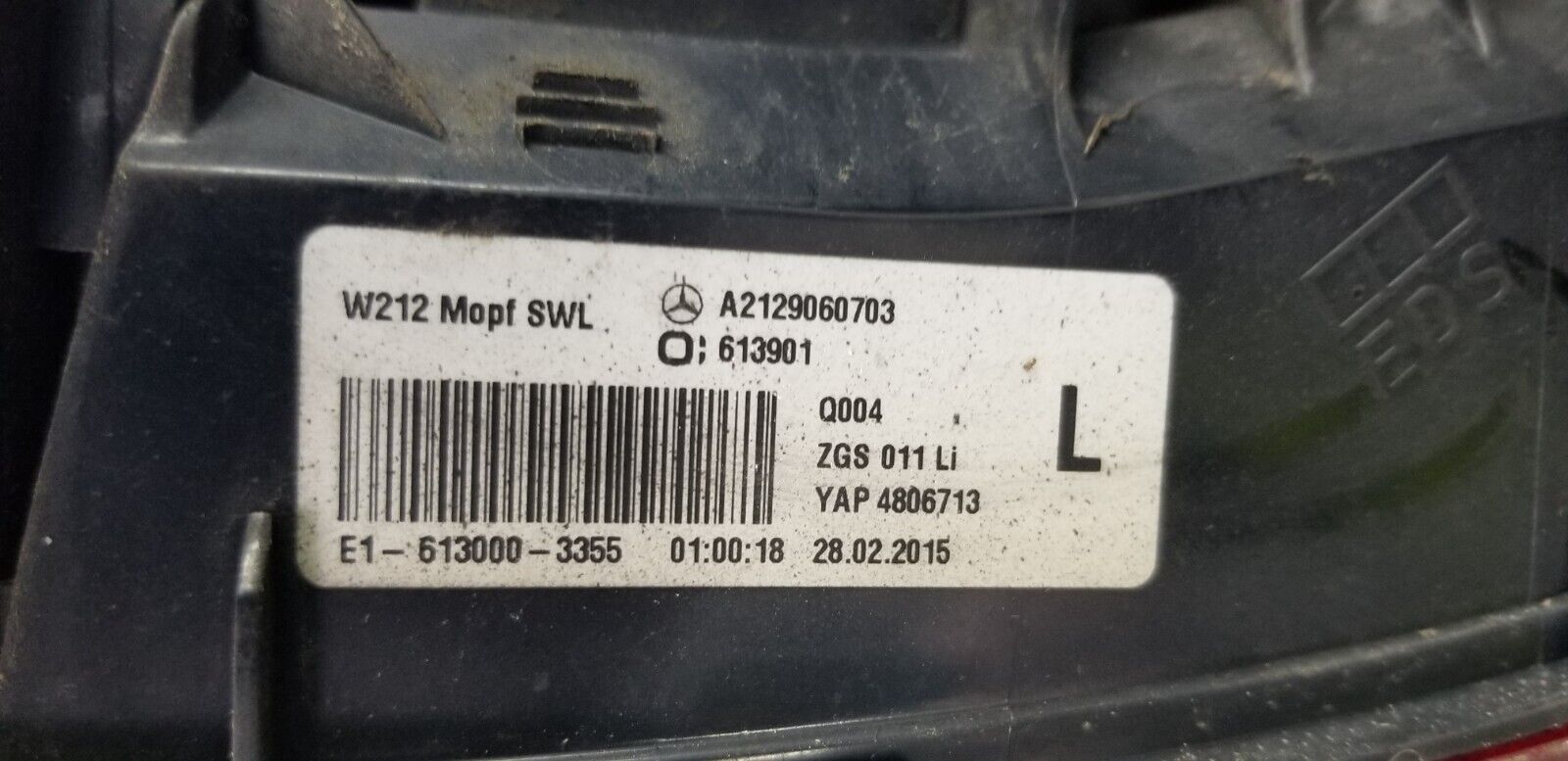 Mercedes Benz W212 E Class left LED tail light rear label part number view