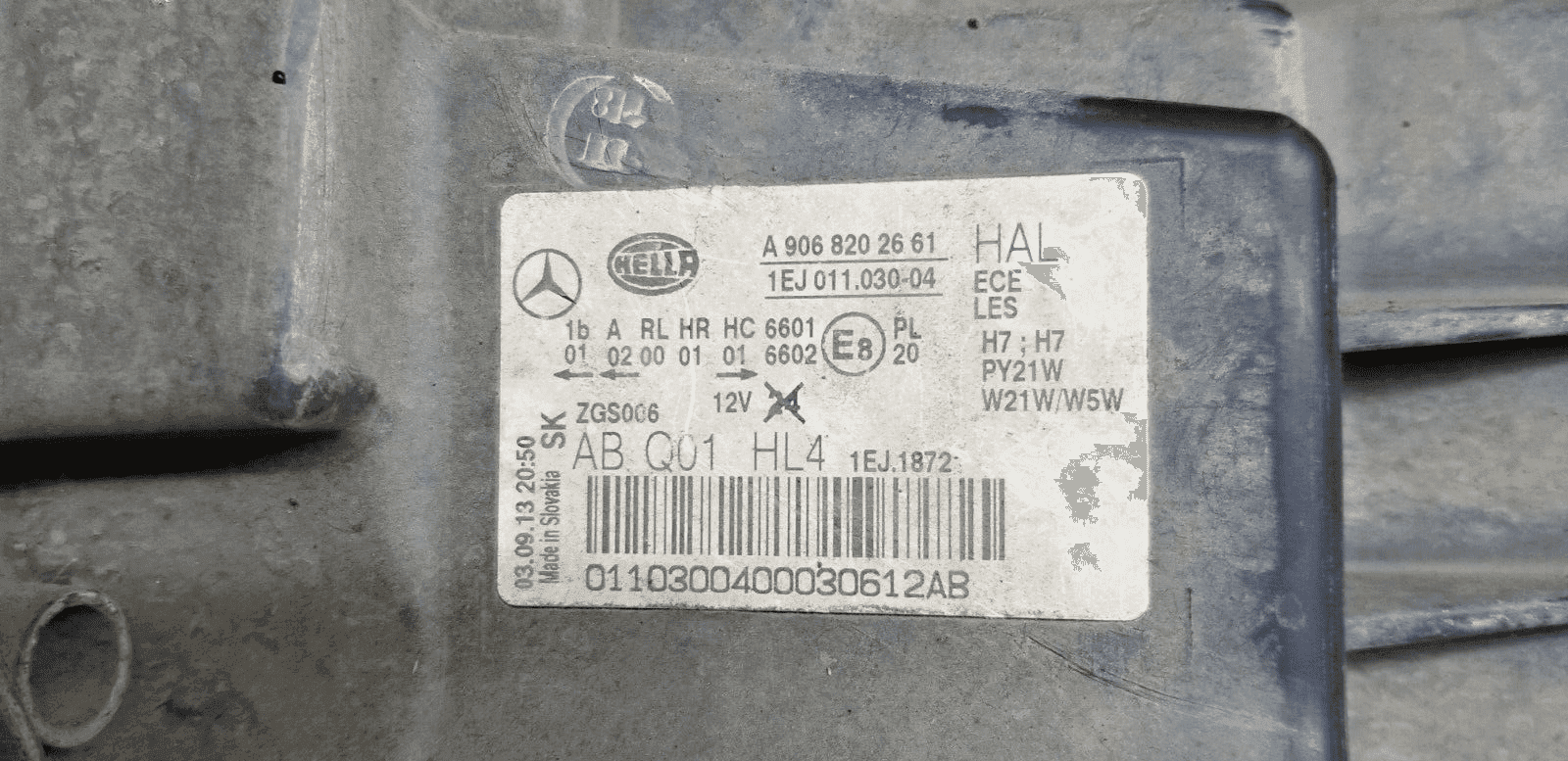 Close-up of Sprinter 2013 RH headlamp assembly part number